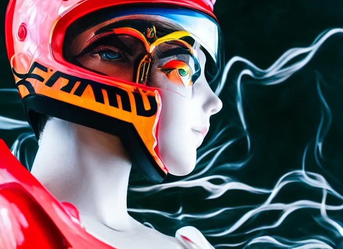 Prompt: medium close up portrait of extremely beautiful photo of a white marble statue of an anime girl with colorful motocross logos and motorcycle helmet with closed visor, colorful smoke in the background, carved marble statue, fine art, neon genesis evangelion, virgil abloh, offwhite, denoise, highly detailed, 8 k, hyperreal
