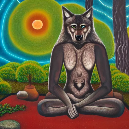 Prompt: an anthromorphic wolf man meditating in a zen garden, by amanda clark in a psychedelic style, oil on canvas