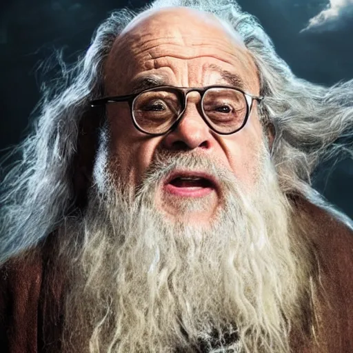 Image similar to danny devito starring as gandalf the white in the 2 0 2 4 lord of the rings movie, full body, hyper realistic, high quality, wide angle, always sunny in philadelphia, with hat