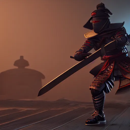 Image similar to Ninja samurai android open world video game, unreal engine 5 cinema4D octane render Detailed, cinematographic