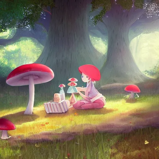 Image similar to a cute picnic in a mushroom forest. soft lighting, cgsociety masterpiece, artstation trending, studio ghibli, 4k, digital art, concept art