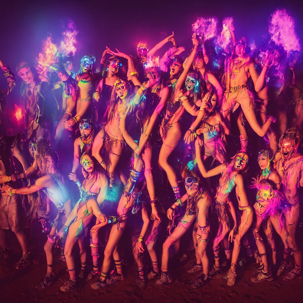 Image similar to portrait of ravers in friendly costumes with detailed faces, dancing around a fire, photorealistic, octane render, dancefloor kismet, diverse costumes, clean composition, desert transition area, bonfire, night, australian desert, zaha hadid, xf iq 4, symmetry, sony a 7 r, 1 5 0 mp, 5 0 mm