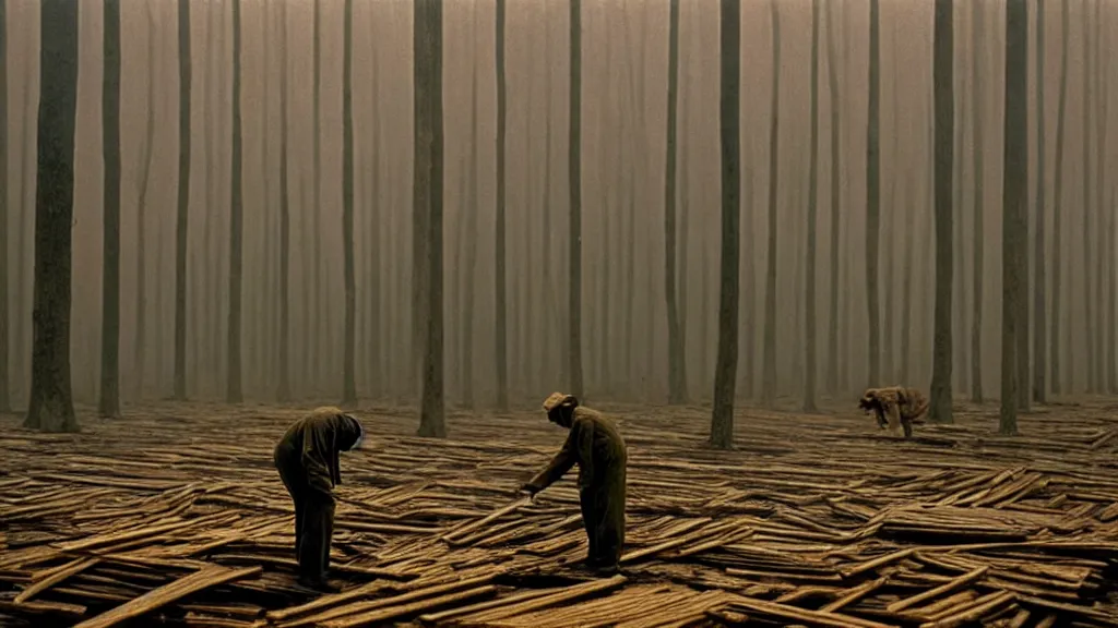 Prompt: a man working in a wood factory, film still from the movie directed by wes anderson with art direction by zdzisław beksinski, wide lens