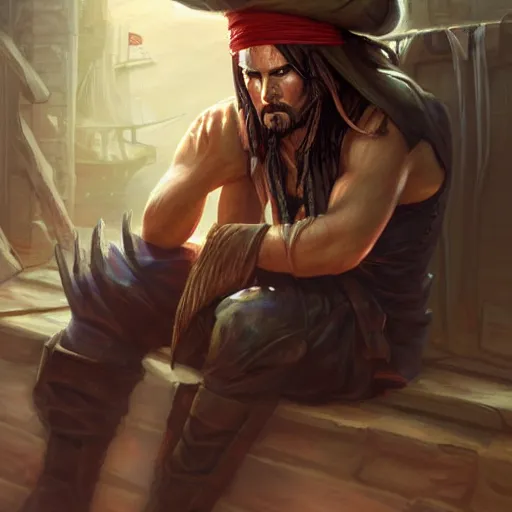 Prompt: aesthetic digital illustration of a sad pirate hanging his head sitting on a prison cot by magali villeneuve, artgerm, centered, concept art, deviantart