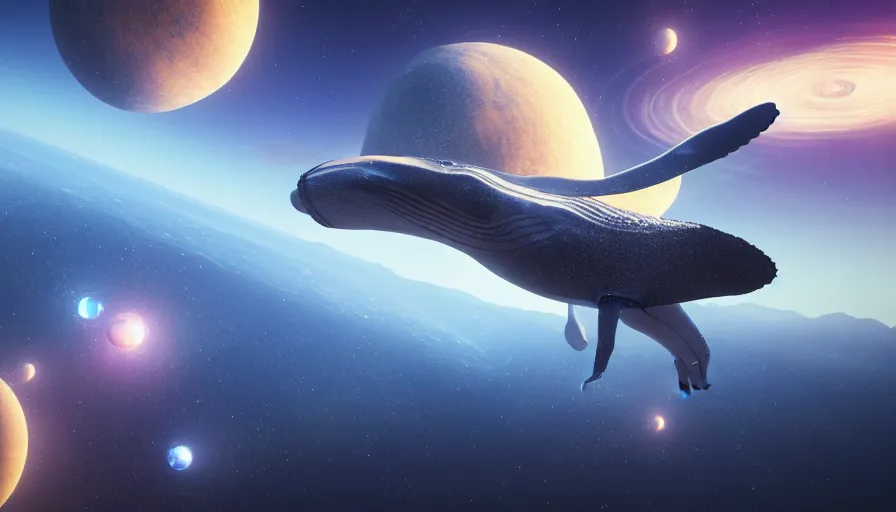 Image similar to highly detailed cinematic scifi render of a flying whale over the tuscany skies, cypresses and hills, stars and planets, hyper detailed, digital art, led lighting, studio quality, smooth render, unreal engine 5, octane render, trending on artstaion.