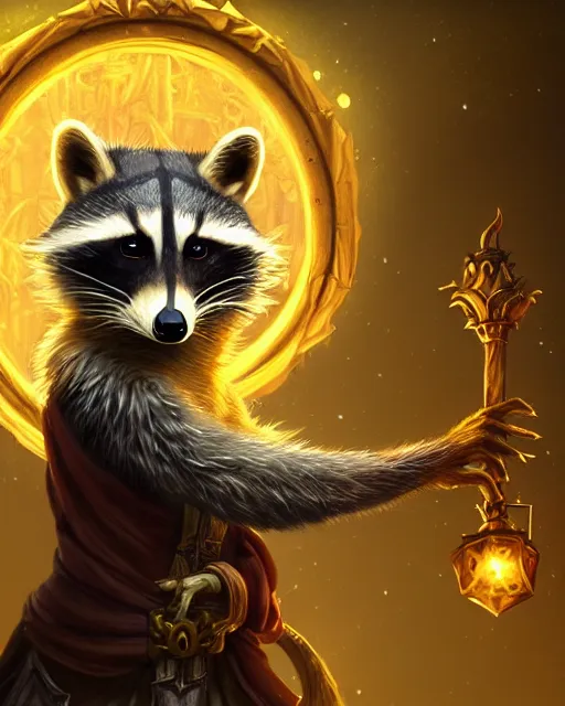 Image similar to closeup 2 8 mm anthropomorphic warlock raccoon casting a spell in a castle, d & d, fantasy, intricate, action pose, particle effects, highly detailed, digital painting, artstation, concept art, matte, sharp focus, volumetric lighting, illustration, hearthstone, art by artgerm, wlop, greg rutkowski and alphonse mucha