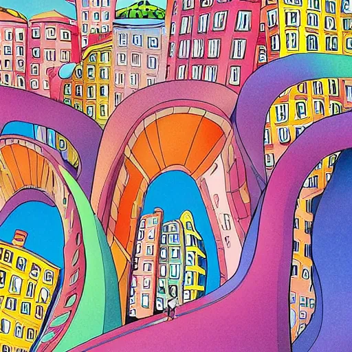 Image similar to fanciful city filled with curvy buildings, by dr seuss, oh the places you'll go, arches, platforms, towers, bridges, stairs, colorful kids book illustration