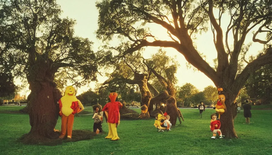 Image similar to 1990s candid photo of a beautiful day at the park, cinematic lighting, cinematic look, golden hour, large personified costumed tree people in the background, Enormous tree people mascots with friendly faces, kids talking to tree people, UHD