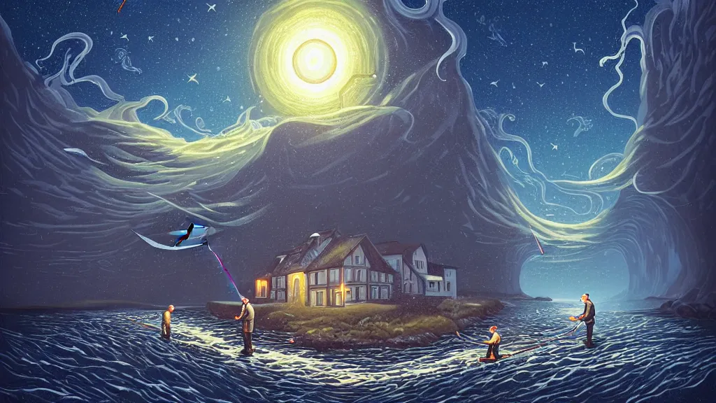 Image similar to 2 men fly fishing for salmon in iceland by cyril rolando and naomi okubo and dan mumford and ricardo bofill.. lovecraft.. cobbled streets.. oil lamp posts.. lovecraftian.. starry night swirly sky.