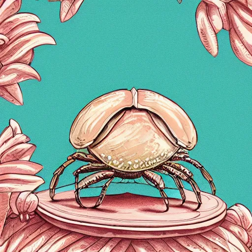 Prompt: illustration of one small small small standalone highly detailed minimalist hermitcrab! crab in an elaborate maximalist shell, with flemish baroque rococo unexpected elements. seen from the distance hd! matte paper background. book illustration in soft natural pastel tones