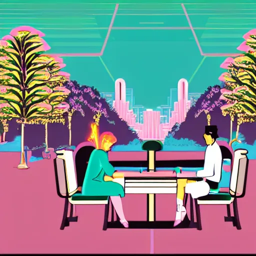 Image similar to art deco vaporwave illustration of a park with trees, benches, and a couple people playing mahjong, with a futuristic pink pastel city in the background