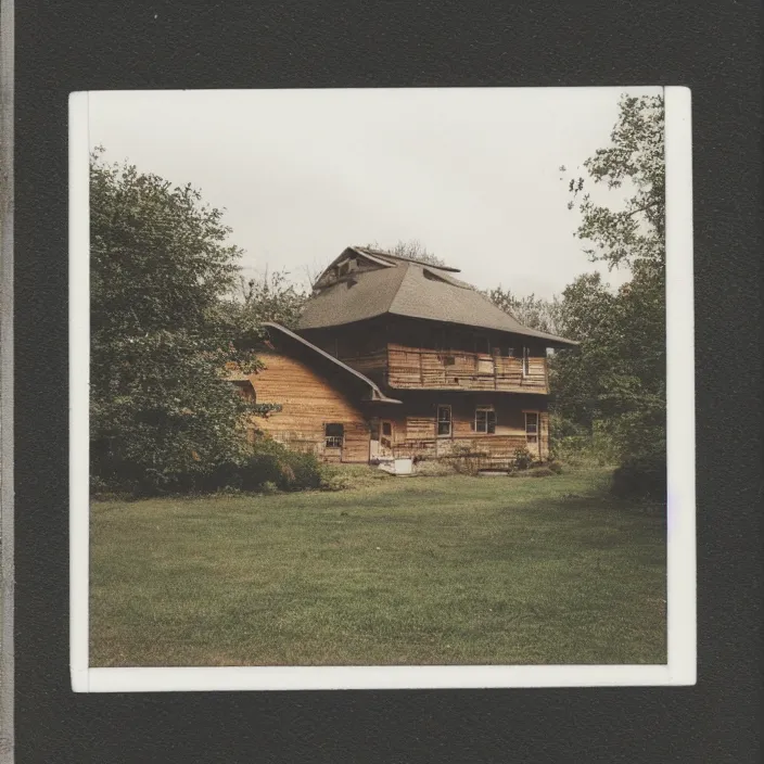 Image similar to a building in a serene landscape, polaroid photo