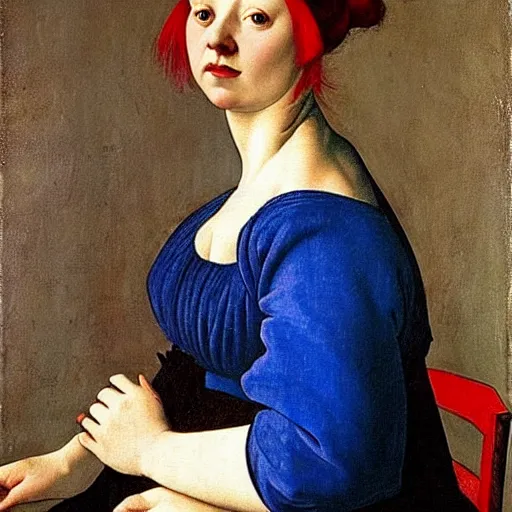 Image similar to fully clothed beautiful girl, she is wearing a blue dress, she has red hair, artemisia gentileschi