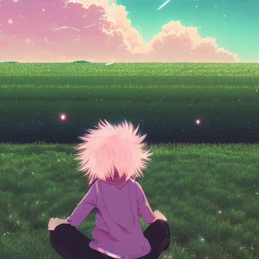 Prompt: a super detailed moe protagonist girl with pink hair in a field by inio asano, beeple and james jean, aya takano color style, 4 k, super detailed, night sky, digital art, digital painting, celestial, majestic, colorful