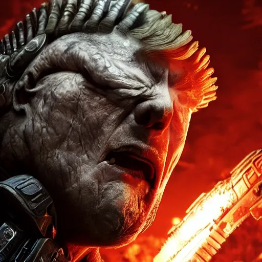 Image similar to Photo portrait of Donald Trump as God-Emperor in Gears of War, splash art, movie still, detailed face, photorealistic facial features, cinematic lighting, dramatic, octane render, long lens, shallow depth of field, bokeh, anamorphic lens flare, 8k, hyper detailed, 35mm film grain