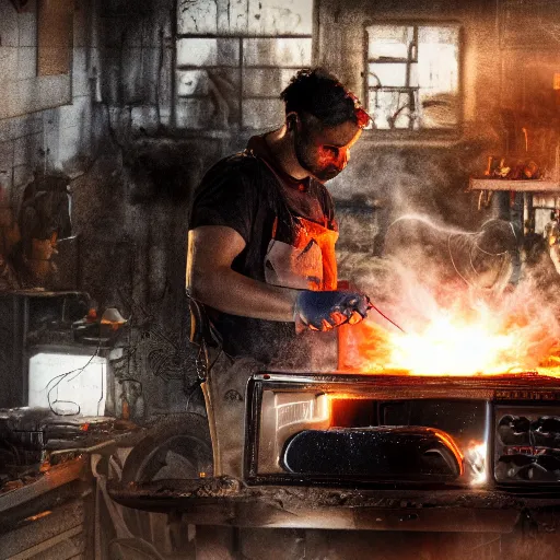 Image similar to cyborg toaster oven repairman, dark messy smoke - filled cluttered workshop, dark, dramatic lighting, orange tint, sparks, cinematic, highly detailed, sci - fi, futuristic, movie still