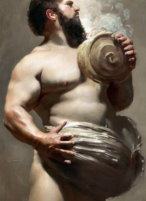 Image similar to beautiful oil painting portrait of hefty ethan van sciver as an ancient roman god holding up a steaming pie with one arm, art by anders zorn, wonderful masterpiece by greg rutkowski, expressive brush strokes, beautiful cinematic light, american romanticism by greg manchess, jessica rossier