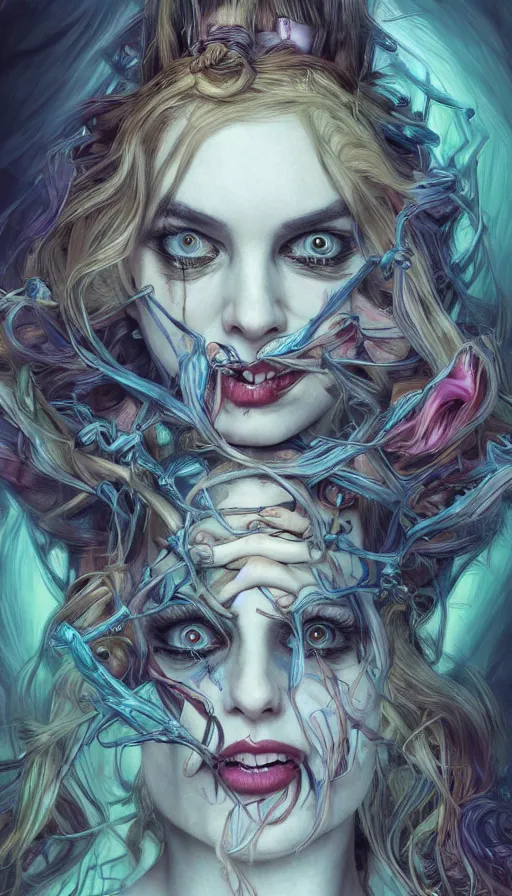 Image similar to twisted alice in wonderland, fame of thrones, lord of daggers, neon, fibonacci, sweat drops, intricate fashion clothing, insane, intricate, highly detailed, surrealistic, digital painting, artstation, concept art, smooth, sharp focus, illustration, Unreal Engine 5, 8K, art by artgerm and greg rutkowski and alphonse mucha