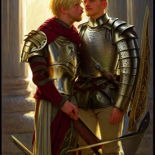 Image similar to attractive arthur pendragon and his favourite attractive male knight, they are in love, camelot, natural lighting, path traced, highly detailed, high quality, digital painting, by gaston bussiere and ross tran and j. c. leyendecker and alphonse mucha