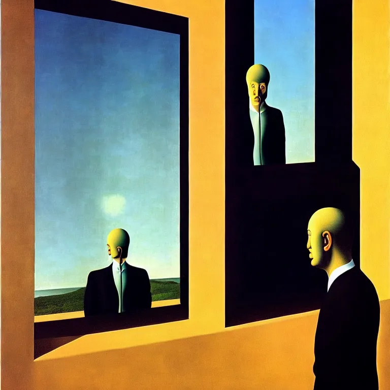 Image similar to a man looks into his own reflection and sees nothing, by rene magritte and salvador dali, surreal, oil on canvas, hyper detailed, vivid