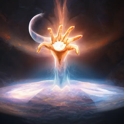 Image similar to a celestial holy hand coming from a portal down to earth, dynamic lighting, fantasy concept art, trending on art station, stunning visuals, creative, cinematic, ultra detailed, ray tracing