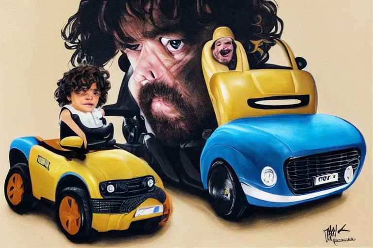 Image similar to black velvet painting of peter dinklage driving a little tikes crazy coupe