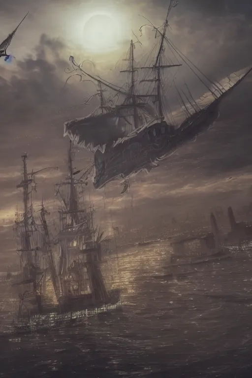 Prompt: photography of a highly detailed ghost pirate ship flying in the sky. london in background. intricate, overview, hyper realism, professional digital art, unreal engine 5, 8 k render, sharp focus, trending on art station.