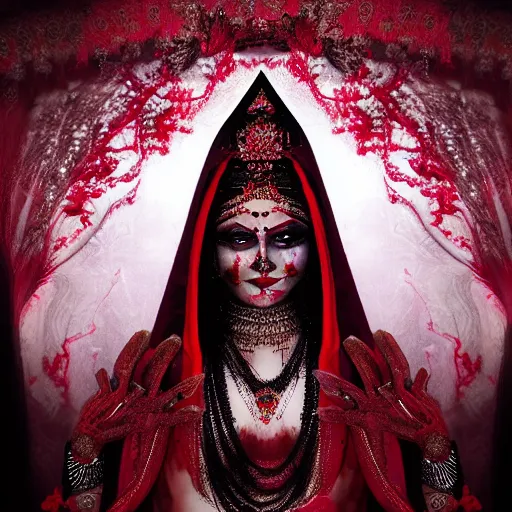 Image similar to beautiful Hindu queen of the dark with veil, in darkness, cover with a lot of red water, horror terrifying, surreal realistic, photorealistic, hyper details, full HD, 8k!