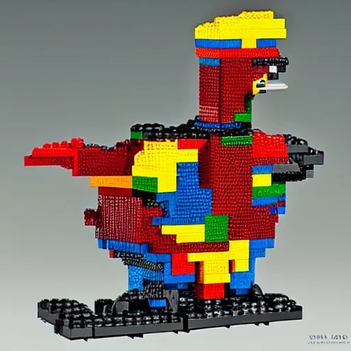 Image similar to squared head rooster building a man made of legos on the moon