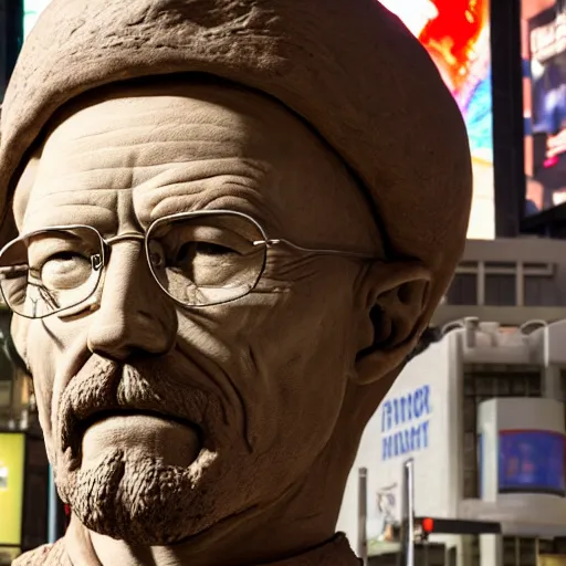 Image similar to a photograph of a very detailed renaissance clay sculpture of walter white wearing a phrygian cap in times square, made by michelangelo, shot from the distance, hyper detailed, sharp focus, 8 k resolution, ray tracing