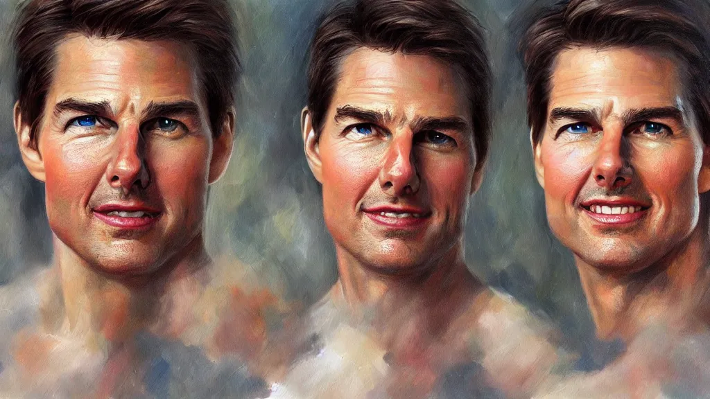 Prompt: The most beautiful studio portrait of Tom Cruise in the world; trending on artstation; oil on canvas; correct face; extraordinary masterpiece!!!!!!; 8k