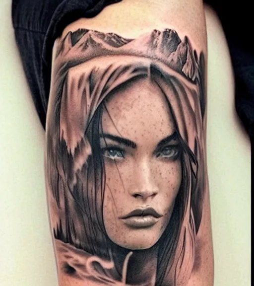 Image similar to double exposure effect tattoo design sketch of megan fox with beautiful mountain scenery, realism tattoo, in the style of matteo pasqualin, amazing detail, sharp