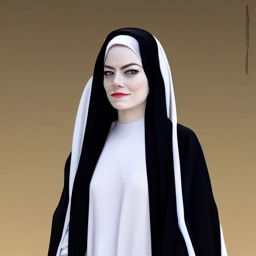 Image similar to A portrait of Emma Stone wearing a Black Arabian abaya , high quality, fully detailed, 4k