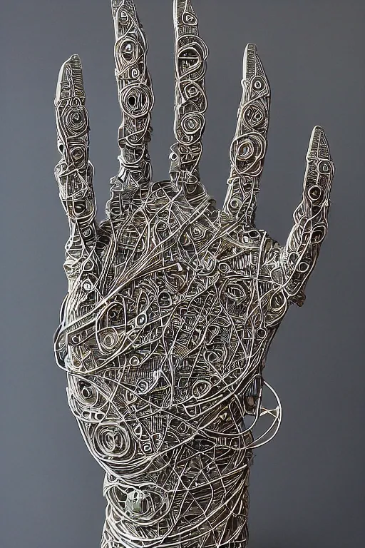 Prompt: cybernetic robotic hand made of engraved ceramic, wires and circuitry, engraved in sanskrit writing