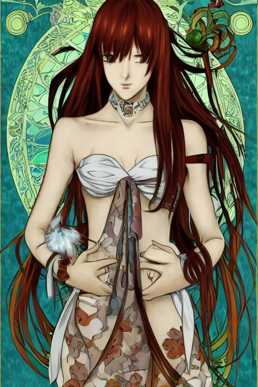 Image similar to Tonemapping Kurisu Makise in the style of Ayami Kojima and Alphonse Mucha