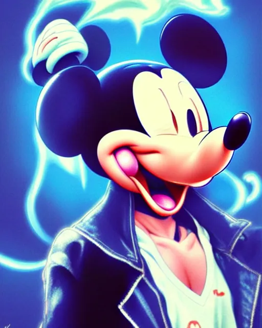 Prompt: portrait Anime Mickey Mouse smoking Sharp fine face, pretty face, realistic shaded Perfect face, fine details. Anime. cyberpunk realistic shaded lighting by katsuhiro otomo ghost-in-the-shell, magali villeneuve, artgerm, rutkowski Jeremy Lipkin and Giuseppe Dangelico Pino and Michael Garmash and Rob Rey