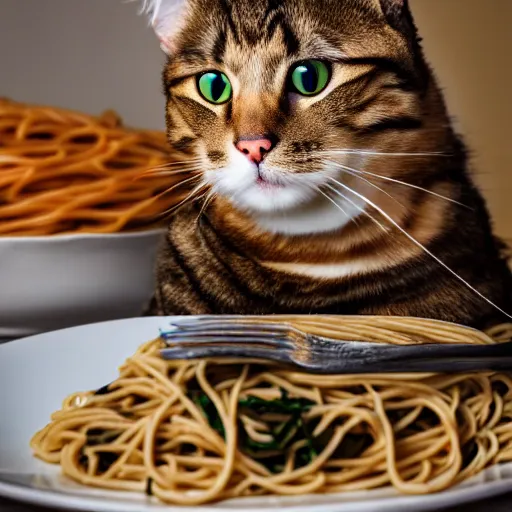 Image similar to professional photography of a cat sitting on a plate of spaghetti