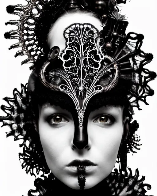 Image similar to surreal dark poetic black and white photo portrait of complex bio-mechanical beautiful young silver female vegetal-cyborg with a Mandelbrot fractal steampunk metal fine lace face, a very long neck and a fine metal floral foliage super big lace collar by Vivienne Westwood:: smoke, high fashion, haute couture, rococo, steampunk, avant-garde, silver filigree details, anatomical, facial muscles, cable wires, microchip, elegant, dreamy, foggy atmosphere, hyper realistic, 150 mm lens, soft rim light, octane render, unreal engine, picture was taken in 1910 by Man Ray, volumetric lighting, dramatic light,8k,