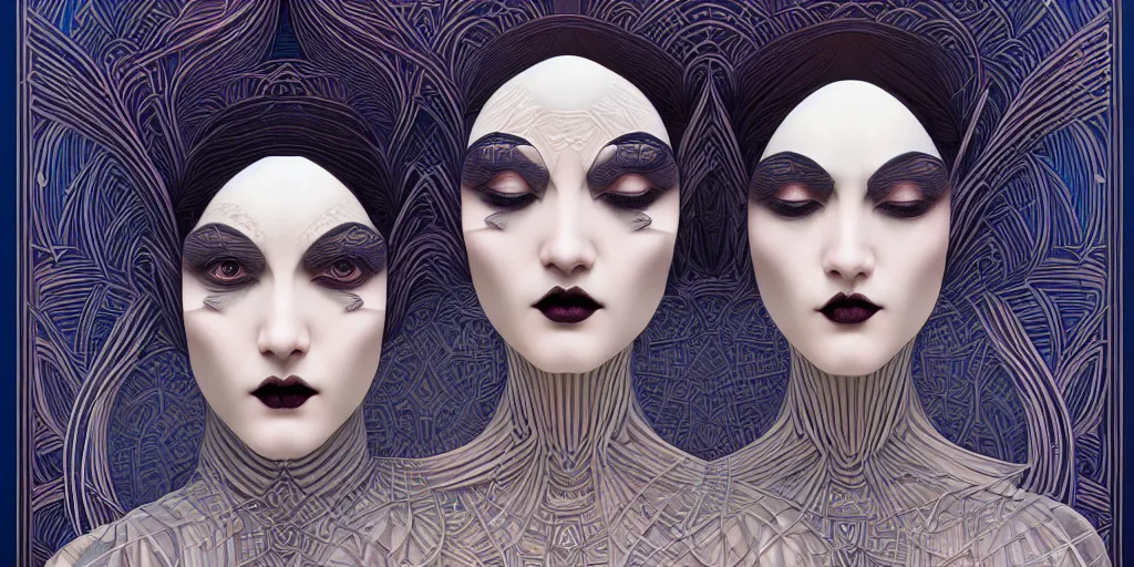 Prompt: breathtaking detailed concept art painting art deco pattern of goth twin faces goddesses amalgamation symmetric, by hsiao - ron cheng, bizarre compositions, exquisite detail, extremely moody lighting, 8 k