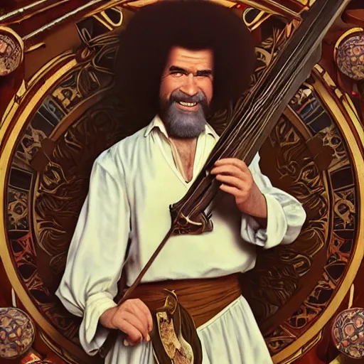 Image similar to an ultra detailed vector image of bob ross dressed as a fantasy bard, d & d, epic fantasy, concept art by alphonse mucha and greg rutkowski, octane render, 8 k, detailed face