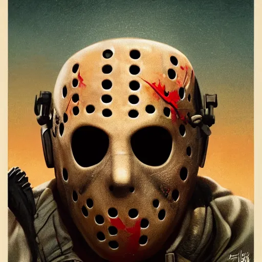 Image similar to vintage poster of a jason voorhees movie by karol bak, james jean, tom bagshaw, rococo, sharp focus, trending on artstation, cinematic lighting, hyper realism, octane render, 8 k, hyper detailed