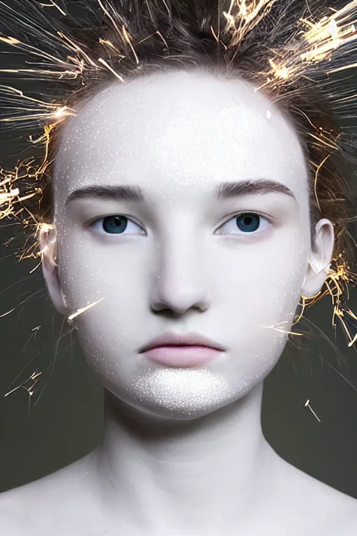 Image similar to full head and shoulders, beautiful porcelain female person, large electrical gold sparks, glowing lightening, delicate facial features, white detailed eyes, white lashes, on black background, by daniel arsham and james jean