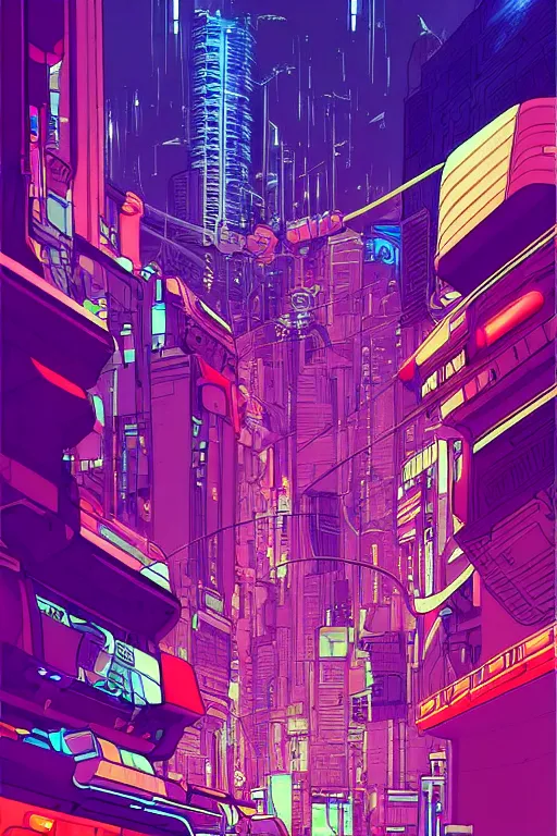 Image similar to astronaut cyberpunk surreal upside down city, neon lights, sharp edges, flat colors, cell shaded by moebius, Jean Giraud, trending on artstation