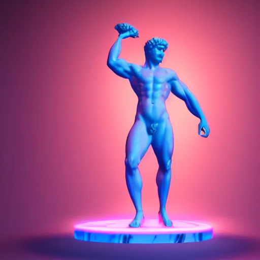 Image similar to unreal engine octane render houdini hyperreallistic render 8k marble statue of hercules vaporwave blue and pink neon background