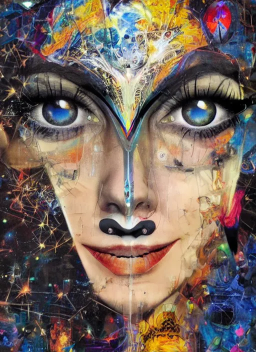 Prompt: collage of gorgeous magic cult psychic woman smiling, third eye, energetic consciousness psychedelic, epic surrealism expressionism symbolism, story telling, iconic, dark robed, oil painting, symmetrical face, dark myth mythos, by Sandra Chevrier, Noriyoshi Ohrai masterpiece cutout layering