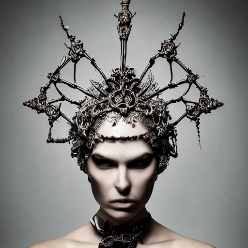 Prompt: a female model by stefan geselle and nekro borja, photorealistic, biomechanical, intricate details, hyper realistic, ornate glass headpiece, dark beauty, photorealistic, canon r 3, photography, wide shot, photography, dark beauty, symmetrical features