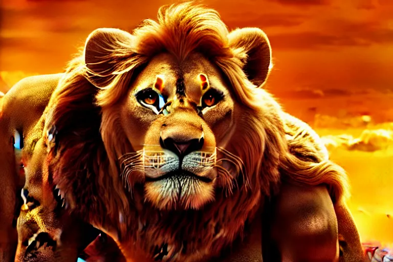 Image similar to simba ( from the lion king ), heavily armed and armored facing down armageddon in a dark and gritty reboot from the makers of mad max : fury road : witness me