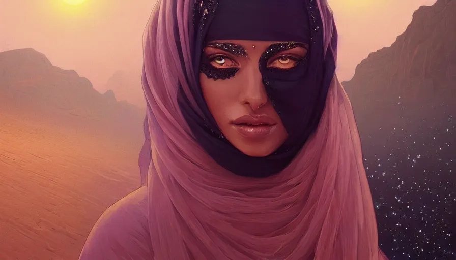 Image similar to Portrait of very very very very very very beautiful Arab woman wearing a Niqab, glowing magical eyes, energy trails, under giant full moon in the desert, intricate, elegant, highly detailed, digital painting, artstation, concept art, smooth, sharp focus, illustration, art by artgerm and greg rutkowski and alphonse mucha