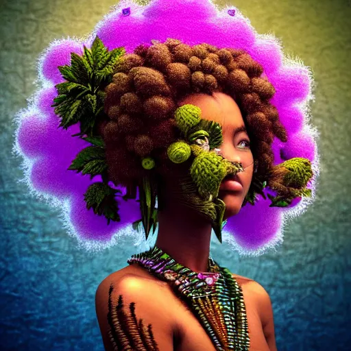 Prompt: a female african marijuanna! shaman with an afro made of flowers, third eye art art by machina infinitum, complexity from simplicity, rendered in octane, mandelbulb 3 d, ambient occlusion, macro photography, felt!!! texture, tribal, pastel! retrowave