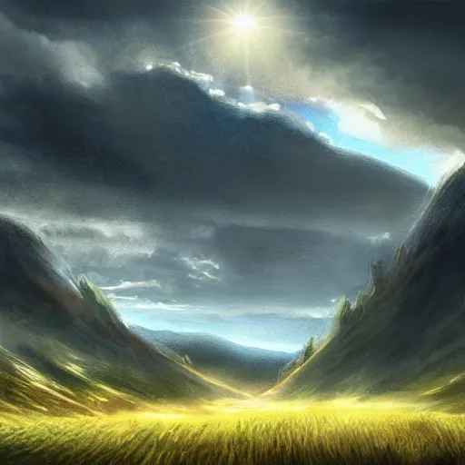 Image similar to a cinematic landscape view looking at an open field, mountains in the distance, the sun shines through the parted clouds, digital painting, fantasy, art by alexandre mahboubi